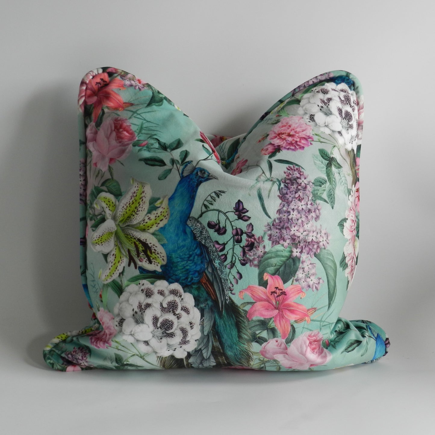 Whimsical Velvet Peacock Cushion Cover - Peacock Floral Design - Eclectic Style - Throw Cushions