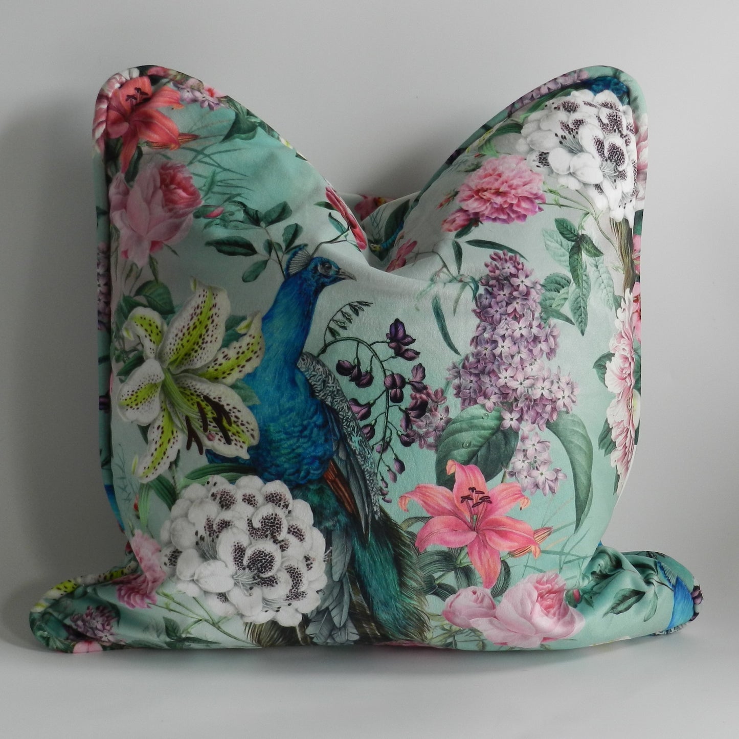 Whimsical Velvet Peacock Cushion Cover - Peacock Floral Design - Eclectic Style - Throw Cushions