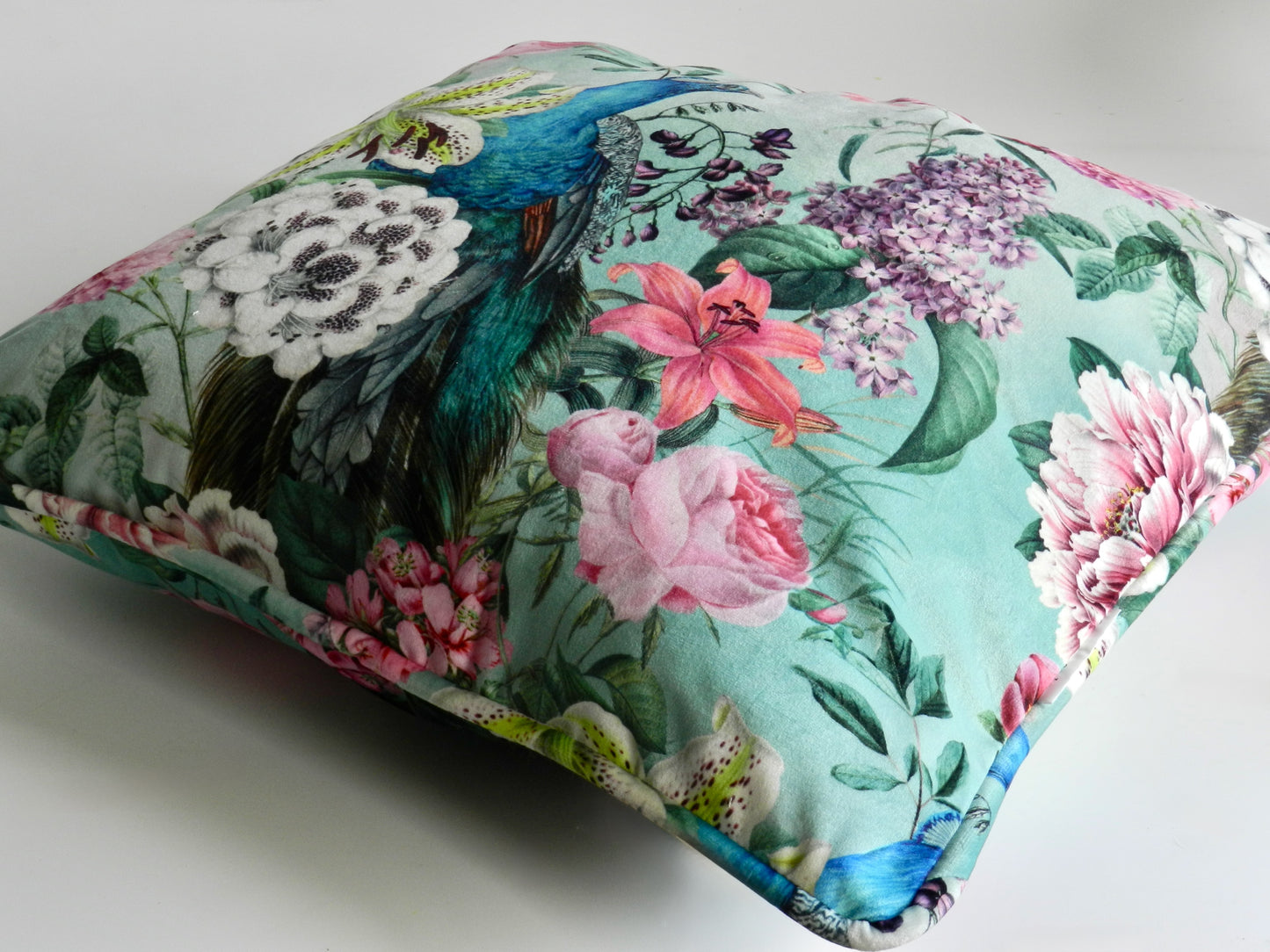 Whimsical Velvet Peacock Cushion Cover - Peacock Floral Design - Eclectic Style - Throw Cushions