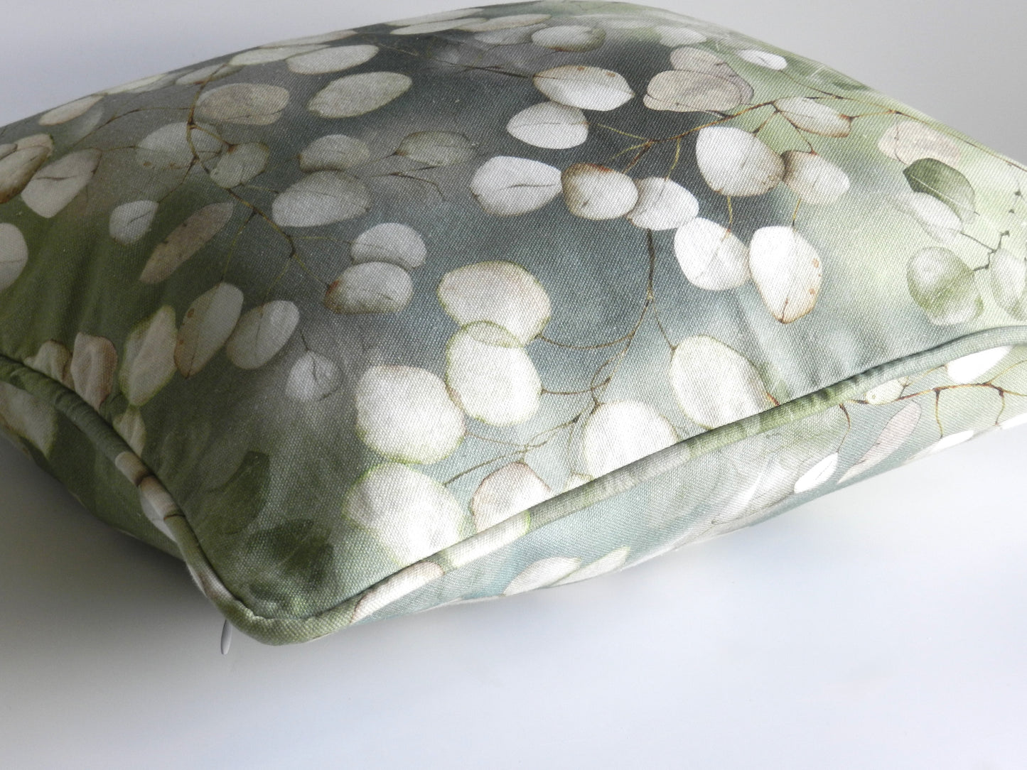 Lunaria Green Botanical Cushion Cover | White Leaf Throw Pillow | Nature Inspired Scatter Cushion