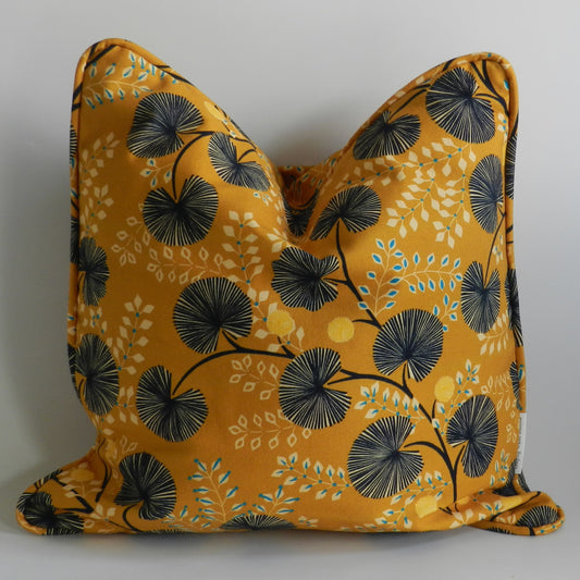 Mustard Yellow and Navy Cushion| Botanical Floral Throw Pillow| Modern Decorative Pillow For Sofa or Bed