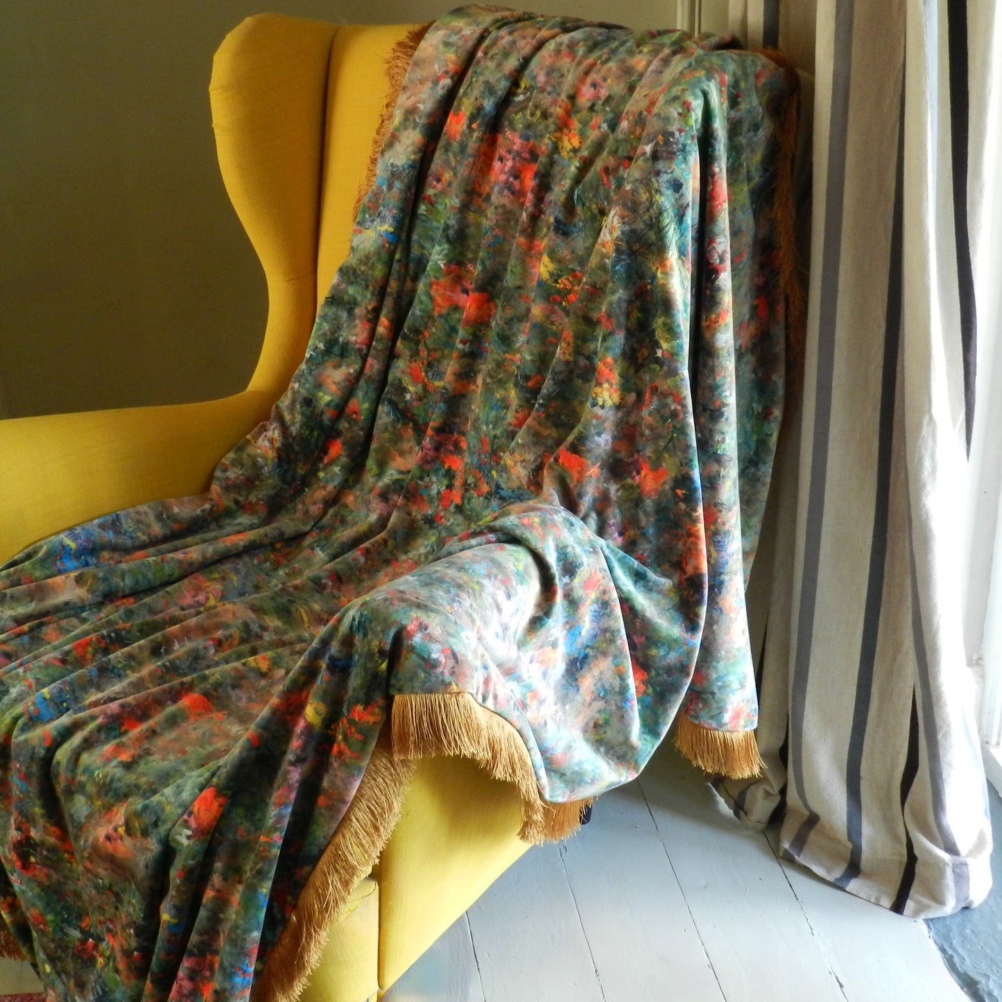 Handmade Velvet Throw Blanket: Renoir Design with Gold Fringe