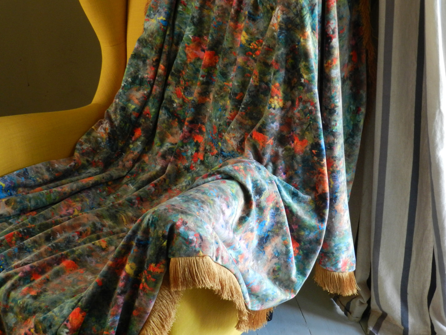 Handmade Velvet Throw Blanket: Renoir Design with Gold Fringe