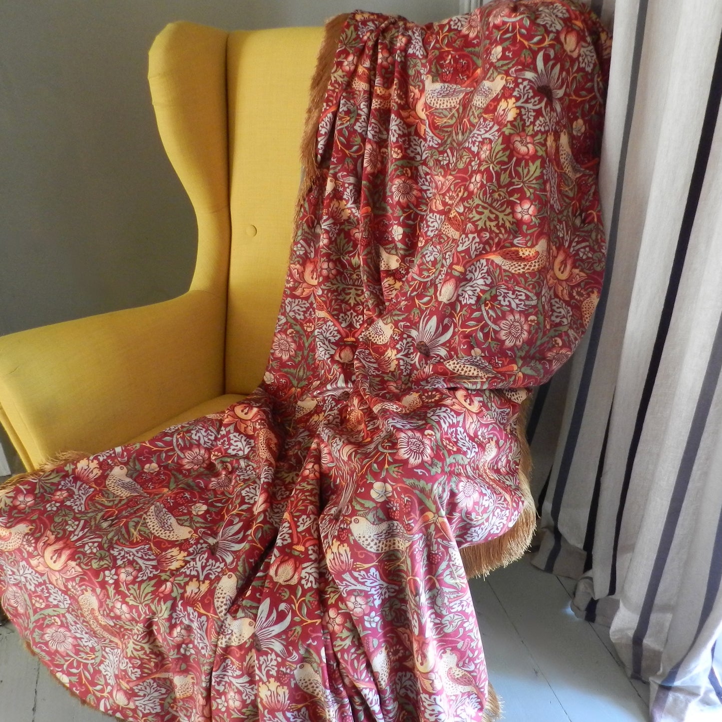 Wiliam Morris Red Velvet Throw Blanket with Gold Fringe: Strawberry Thief Design