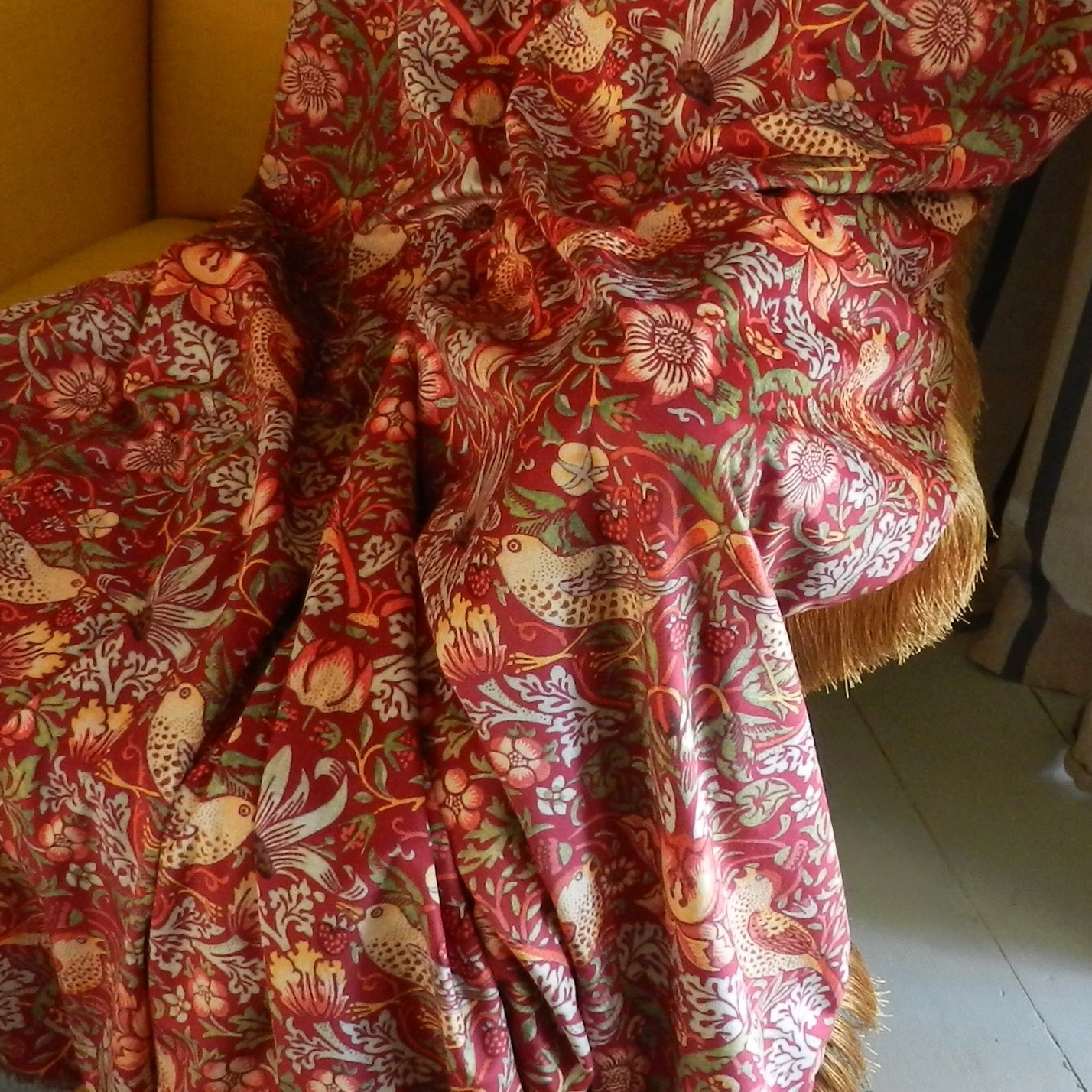 Wiliam Morris Red Velvet Throw Blanket with Gold Fringe: Strawberry Thief Design