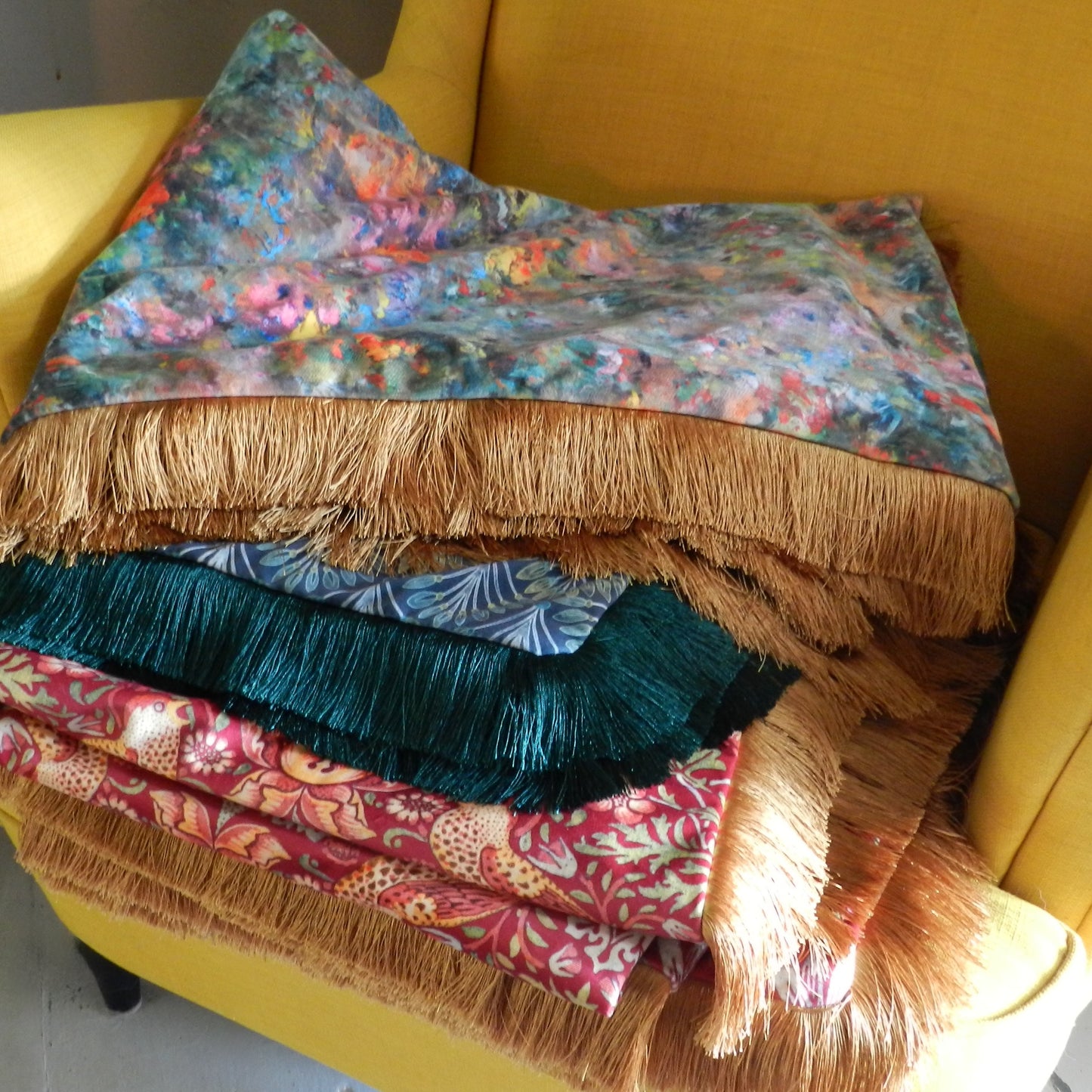 Handmade Velvet Throw Blanket: Renoir Design with Gold Fringe
