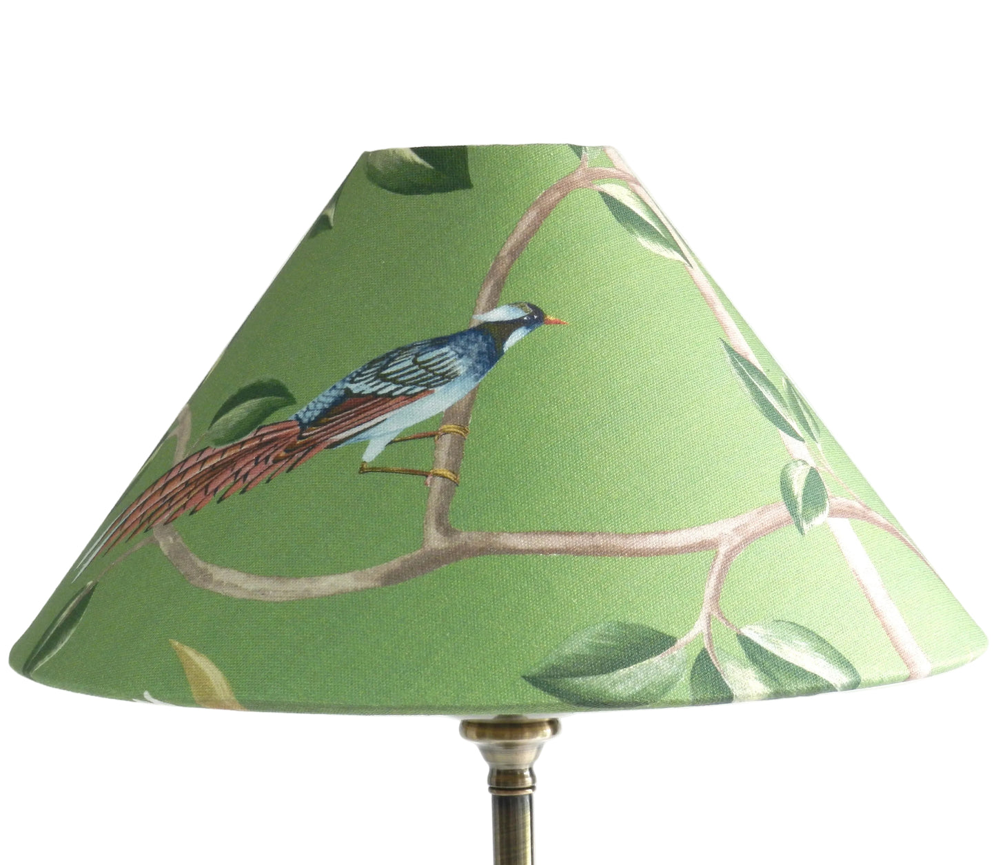 Chinoiserie Coolie Candle Clip Lampshade: Bird & Blossom Green or Blue with Gold Lining