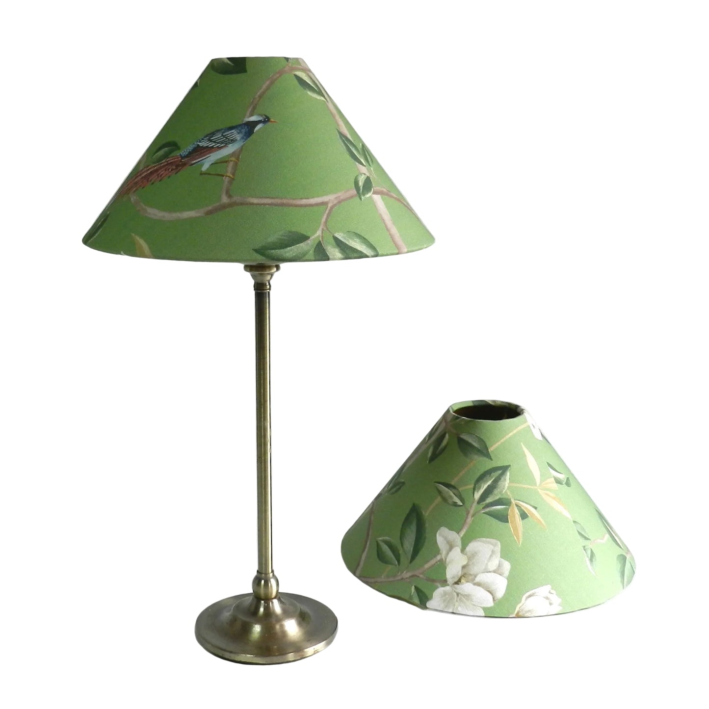 Chinoiserie Coolie Candle Clip Lampshade: Bird & Blossom Green or Blue with Gold Lining