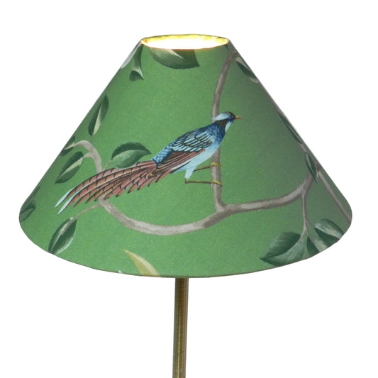 Chinoiserie Coolie Candle Clip Lampshade: Bird & Blossom Green or Blue with Gold Lining