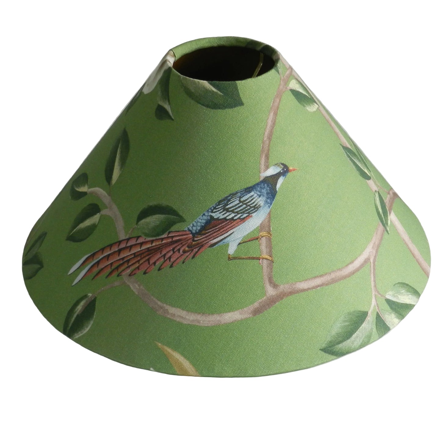 Chinoiserie Coolie Candle Clip Lampshade: Bird & Blossom Green or Blue with Gold Lining