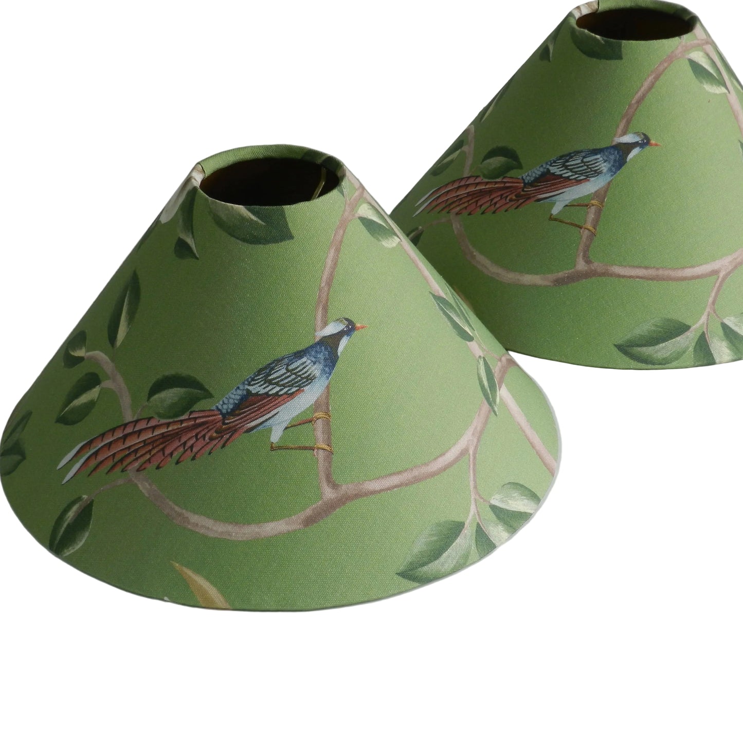 Chinoiserie Coolie Candle Clip Lampshade: Bird & Blossom Green or Blue with Gold Lining