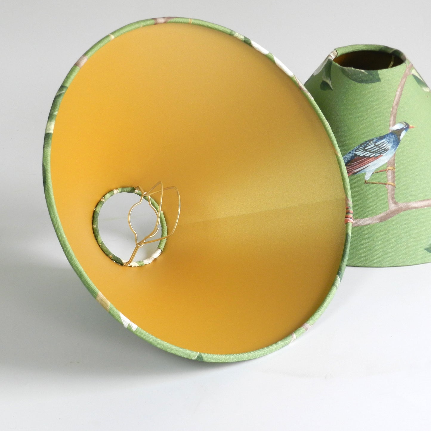Chinoiserie Coolie Candle Clip Lampshade: Bird & Blossom Green or Blue with Gold Lining