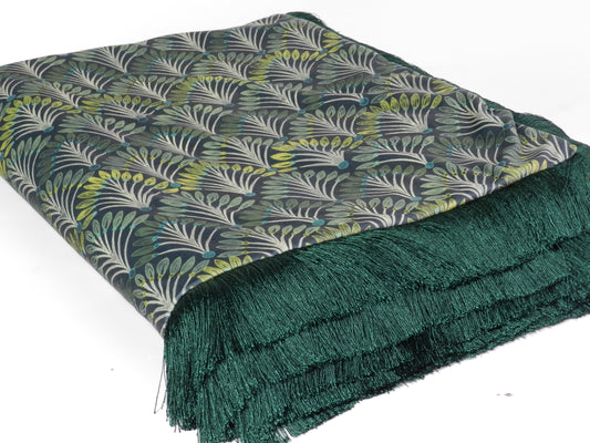 Art Deco Velvet Throw Blanket: Emerald Fringe Peacock Fan Design
