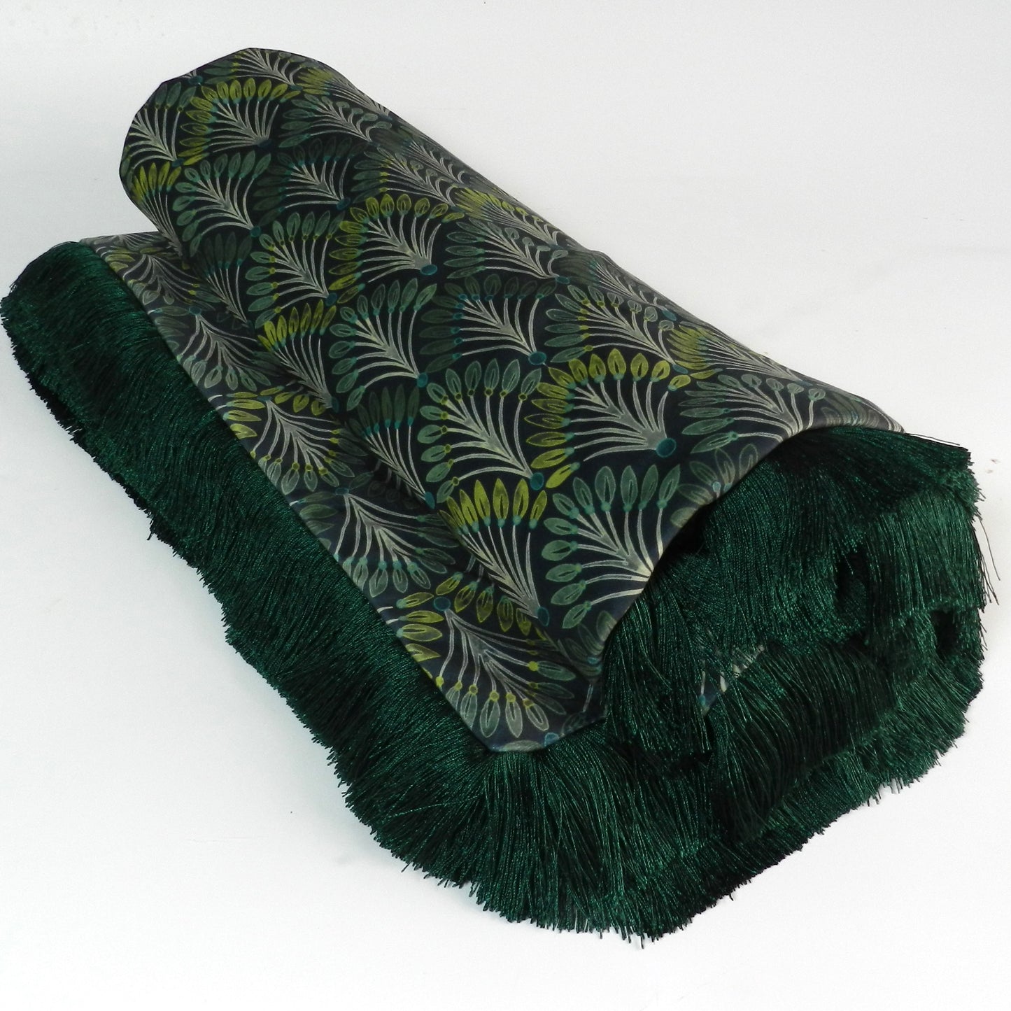 Art Deco Velvet Throw Blanket: Emerald Fringe Peacock Fan Design