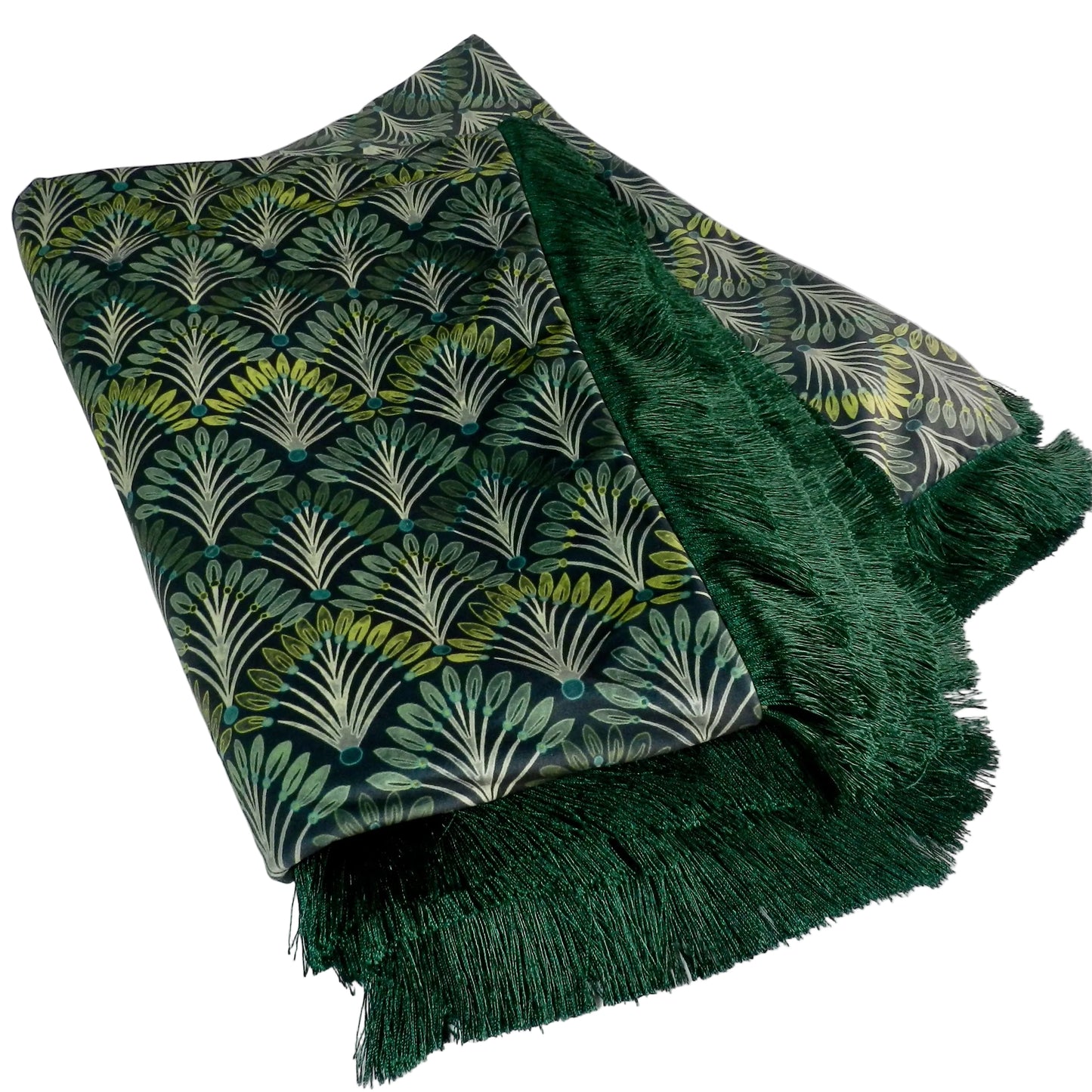 Art Deco Velvet Throw Blanket: Emerald Fringe Peacock Fan Design