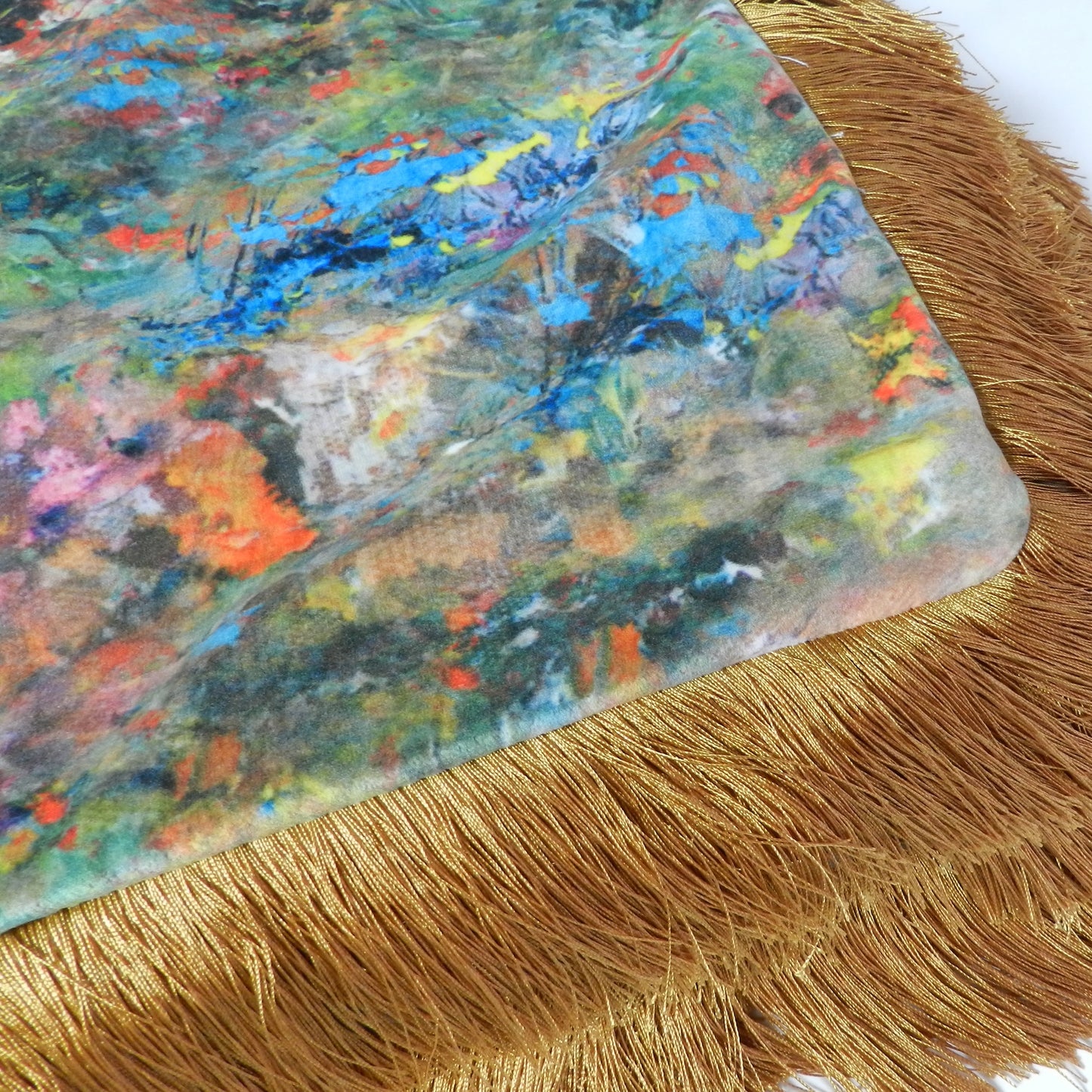 Handmade Velvet Throw Blanket: Renoir Design with Gold Fringe