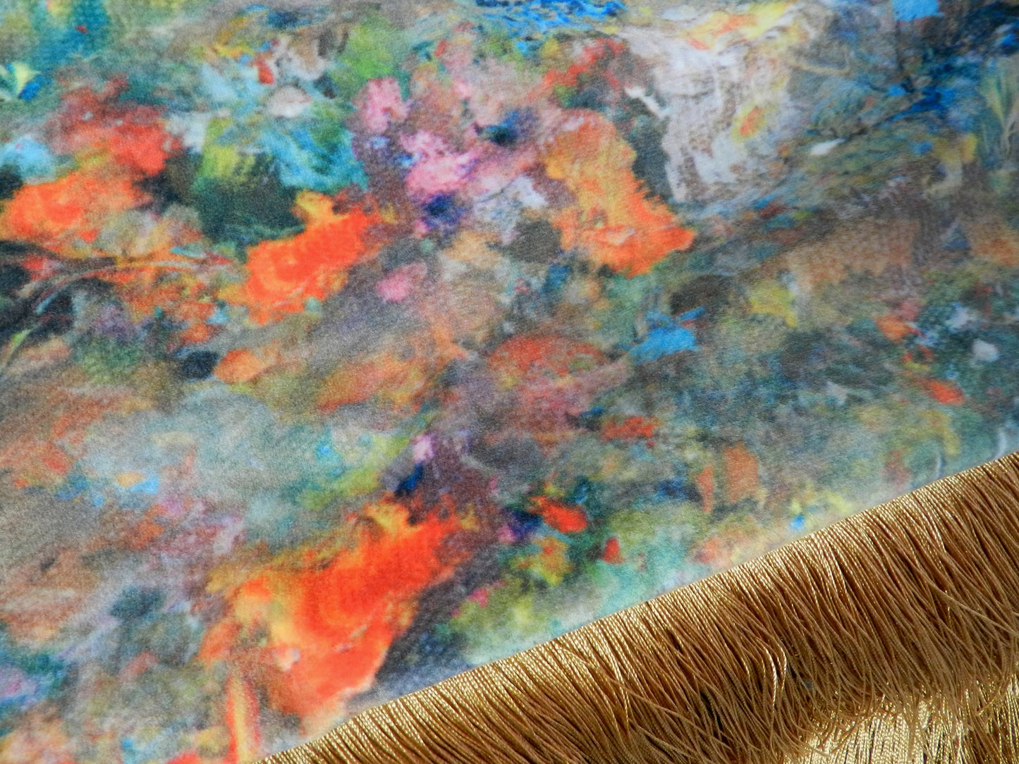 Handmade Velvet Throw Blanket: Renoir Design with Gold Fringe