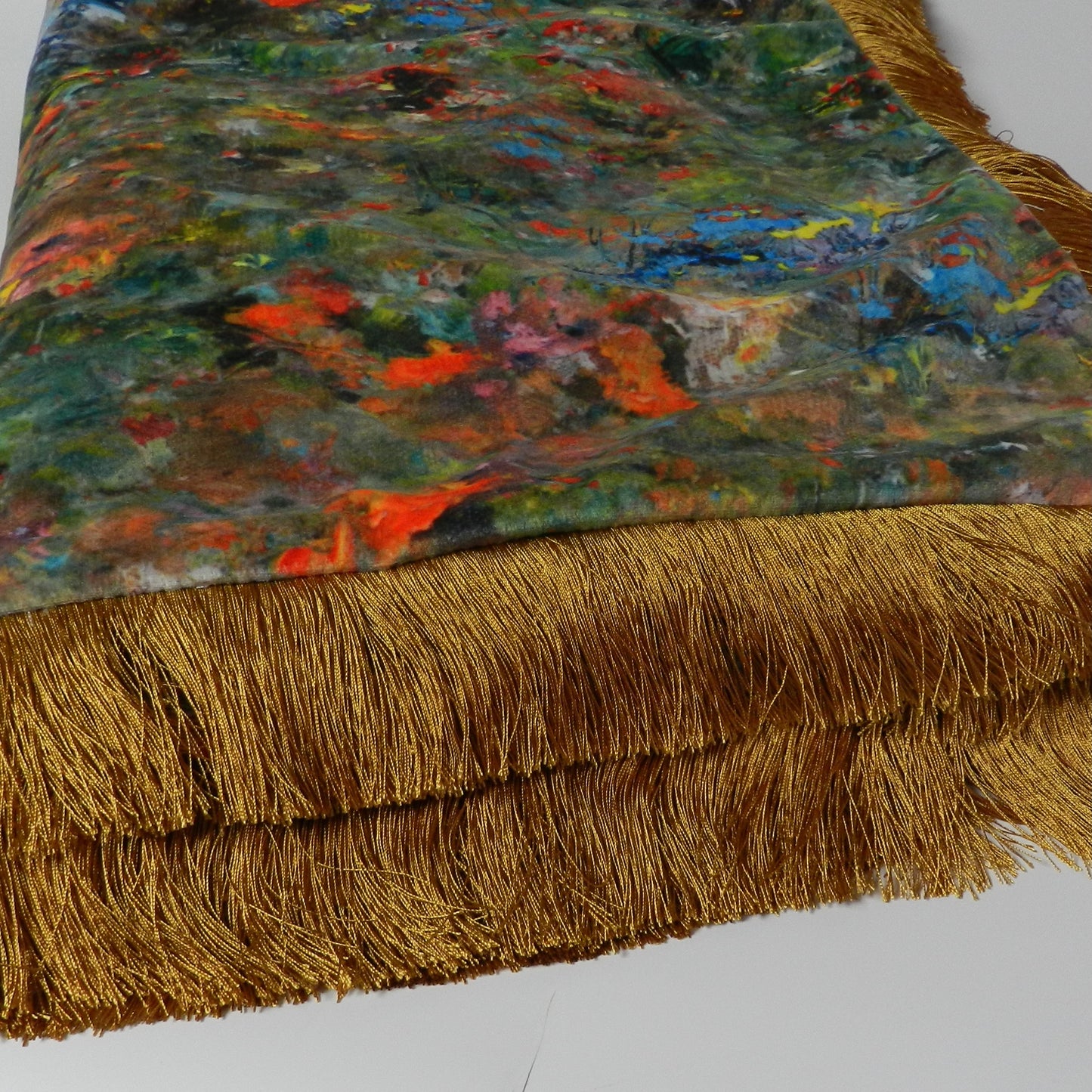 Handmade Velvet Throw Blanket: Renoir Design with Gold Fringe