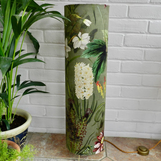 Handmade Tall Velvet Floor Lamp. Green Floral Design
