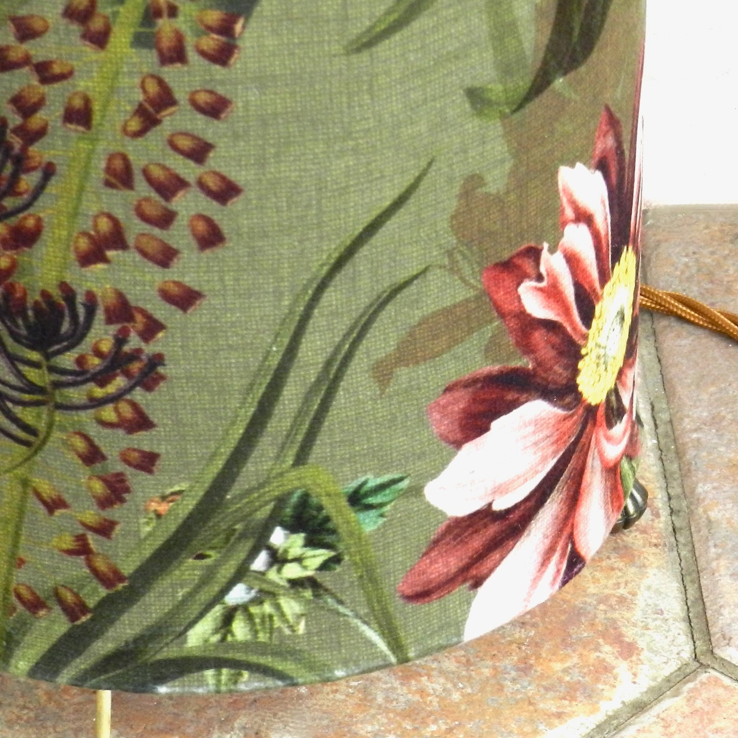 Handmade Tall Velvet Floor Lamp. Green Floral Design