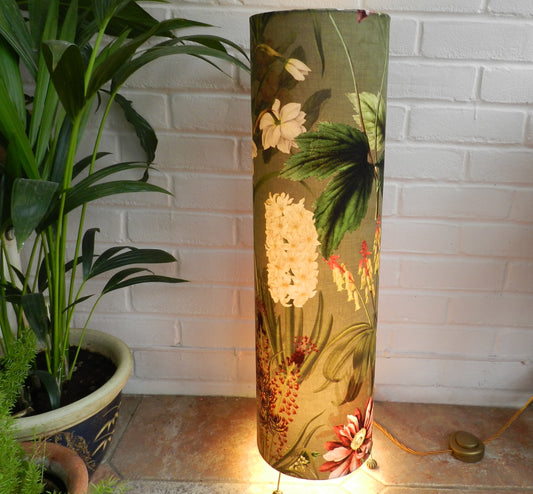 Handmade Tall Velvet Floor Lamp. Green Floral Design