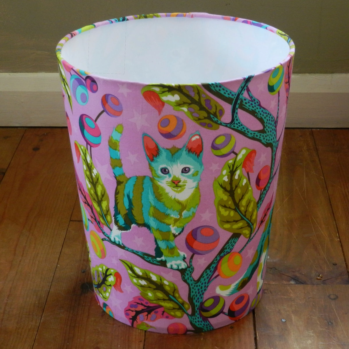 Fabric Waste Paper Bin. Funky Tabby Cat Design