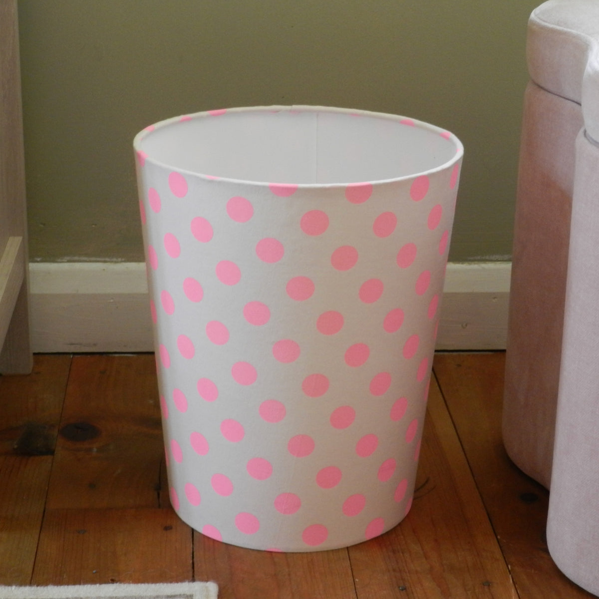 Fabric Waste Paper Bin. Pink Polka Dot Design