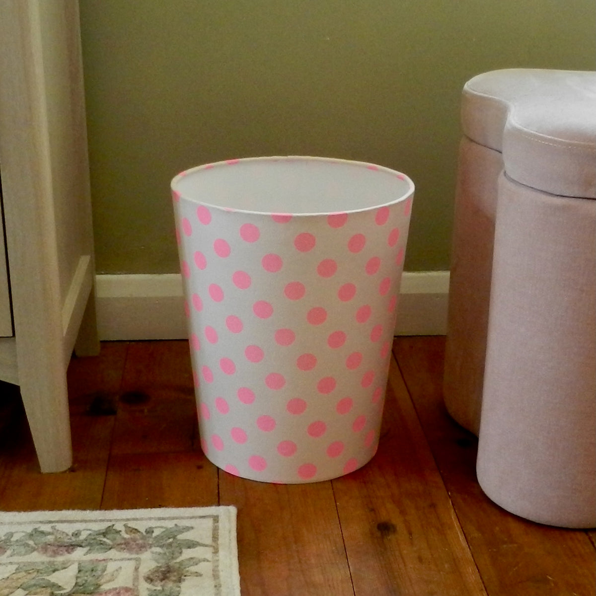 Fabric Waste Paper Bin. Pink Polka Dot Design