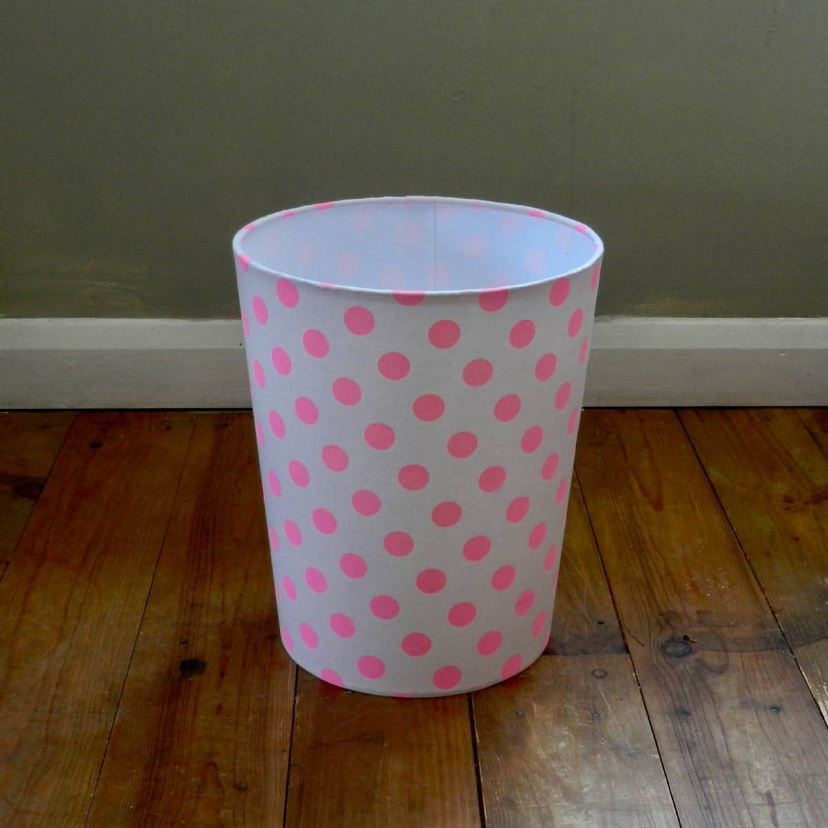 Fabric Waste Paper Bin. Pink Polka Dot Design