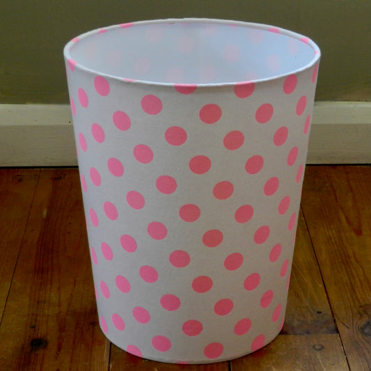 Fabric Waste Paper Bin. Pink Polka Dot Design
