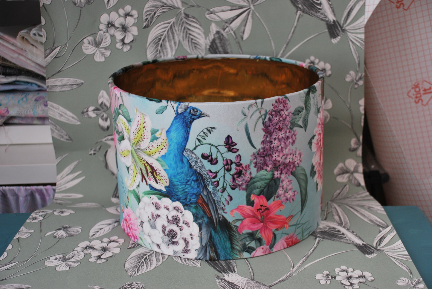 Handmade Velvet Lampshade: Peacock Blossom, Mirror Gold Lining. Optional Fringe