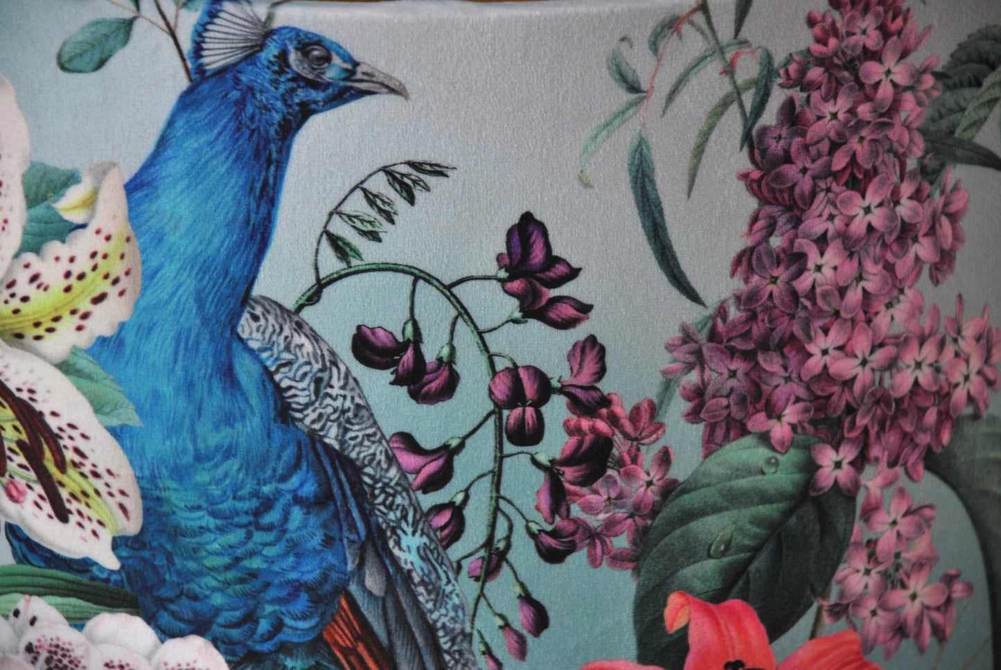 Handmade Velvet Lampshade: Peacock Blossom, Mirror Gold Lining. Optional Fringe