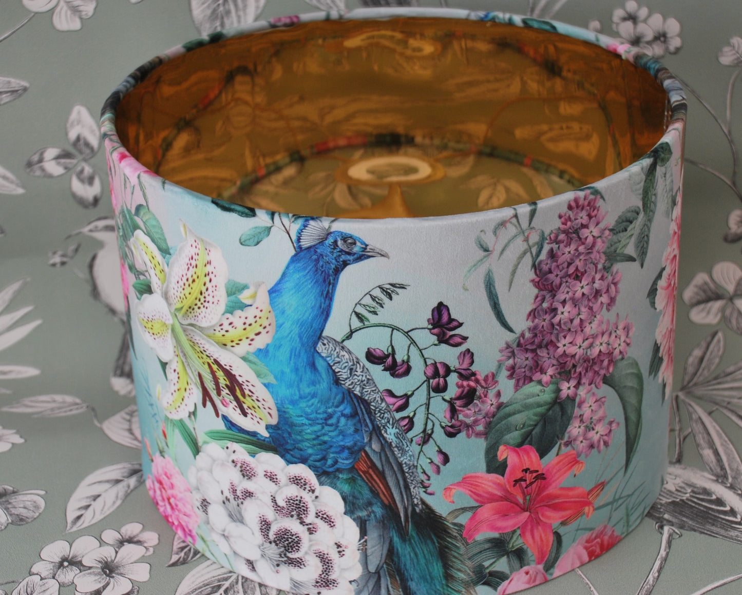 Handmade Velvet Lampshade: Peacock Blossom, Mirror Gold Lining. Optional Fringe