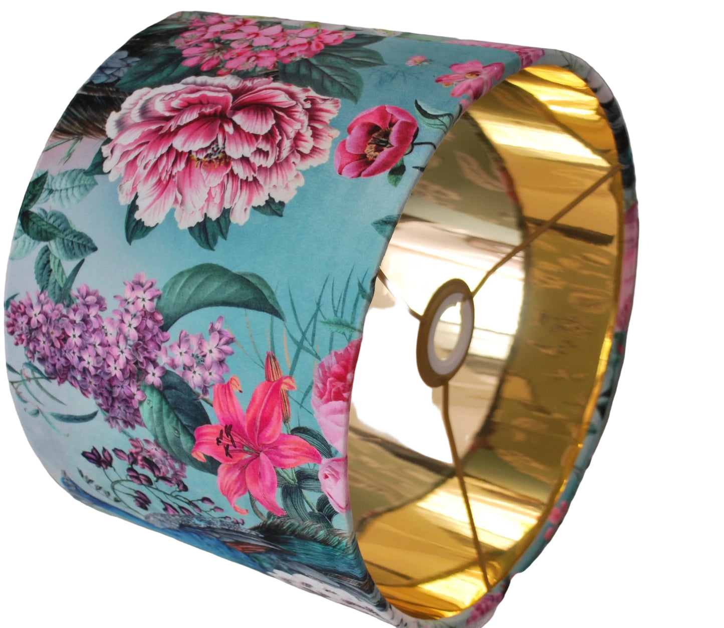 Handmade Velvet Lampshade: Peacock Blossom, Mirror Gold Lining. Optional Fringe