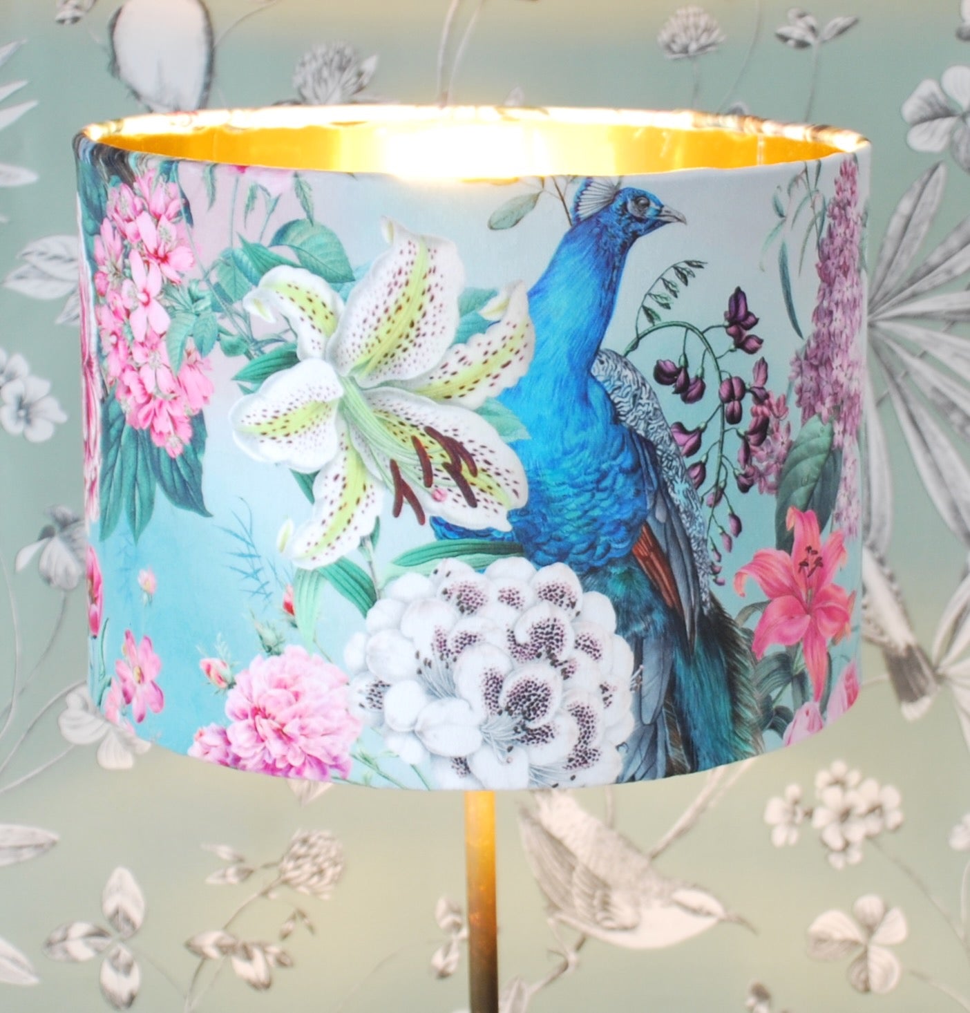 Handmade Velvet Lampshade: Peacock Blossom, Mirror Gold Lining. Optional Fringe