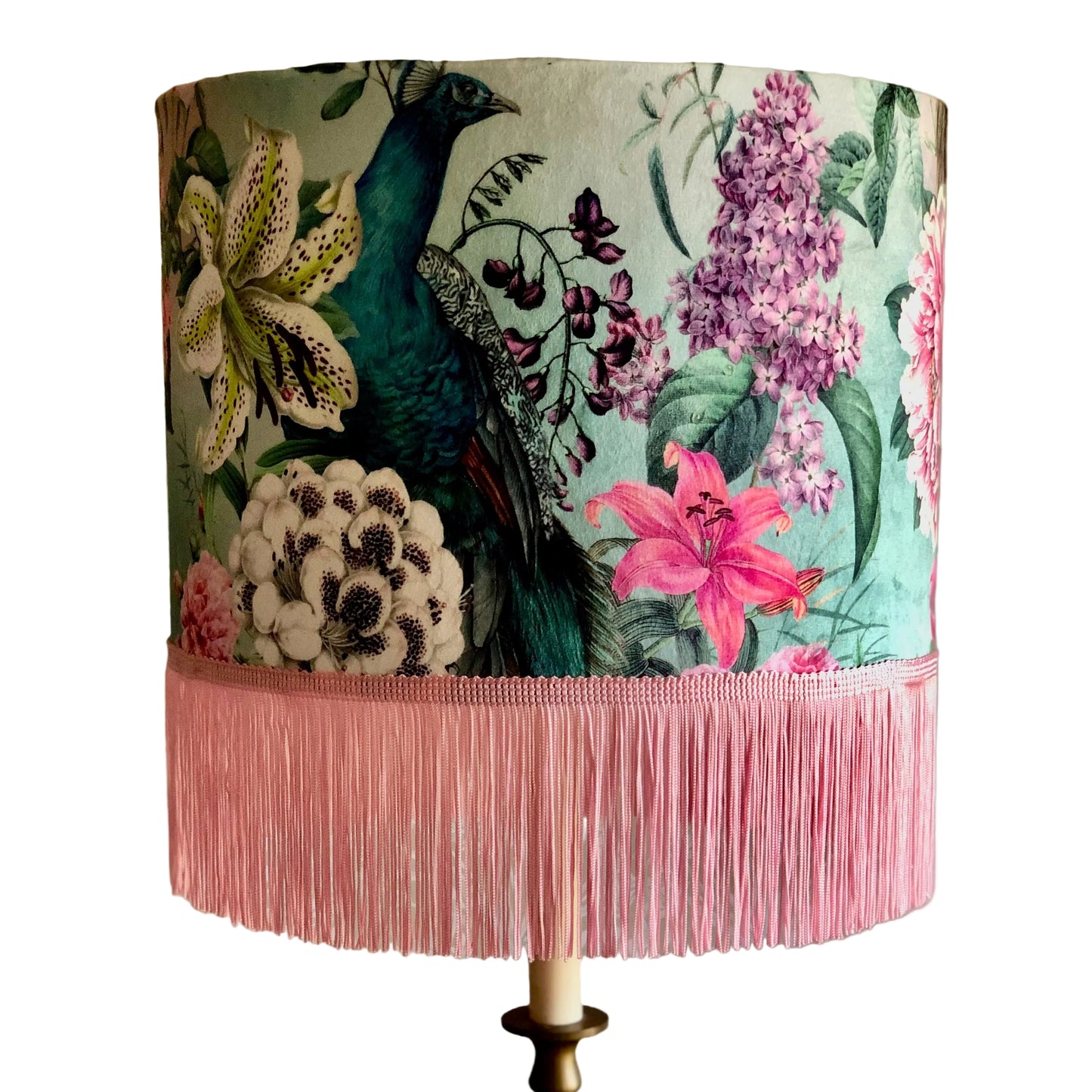 Handmade Velvet Lampshade: Peacock Blossom, Mirror Gold Lining. Optional Fringe