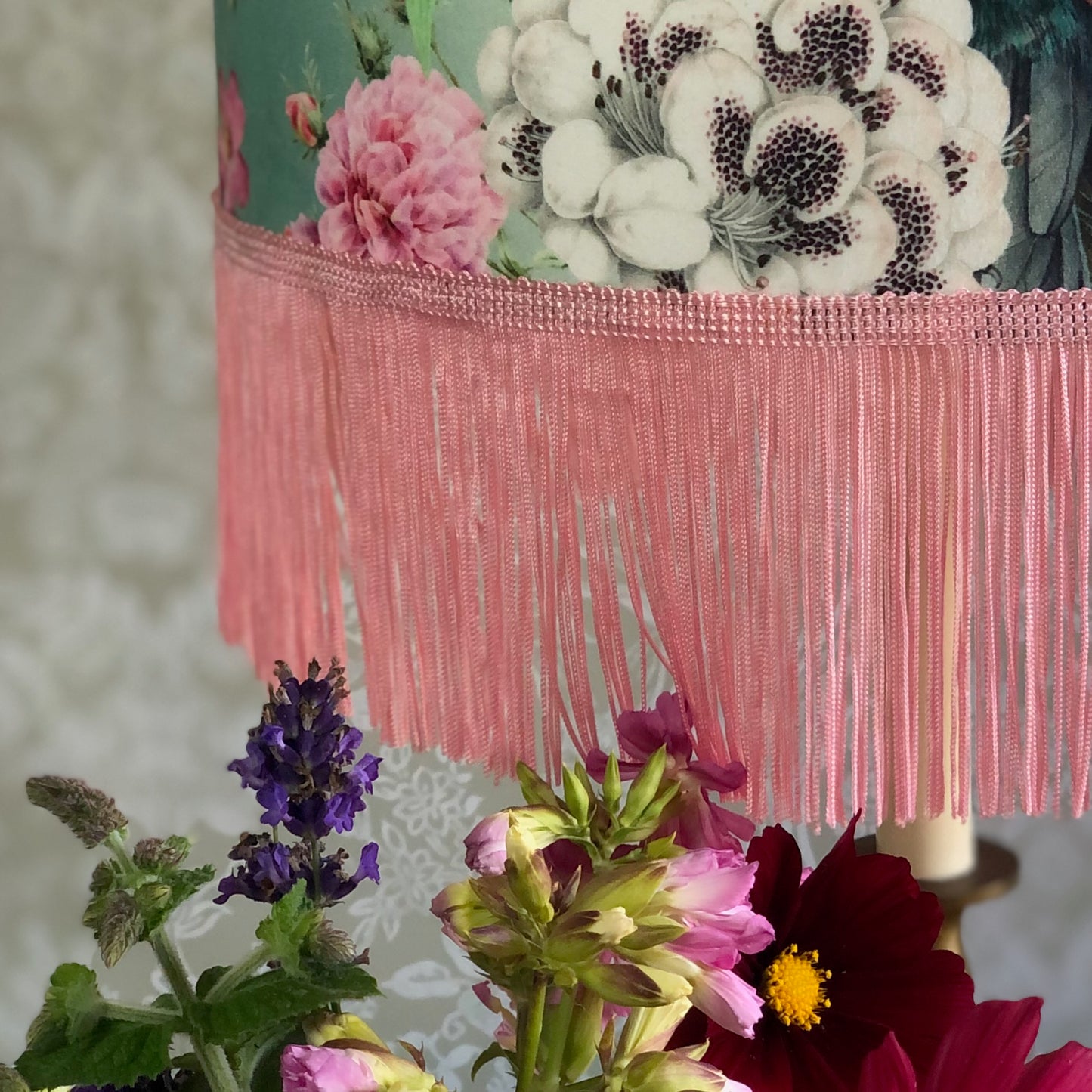 Handmade Velvet Lampshade: Peacock Blossom, Mirror Gold Lining. Optional Fringe