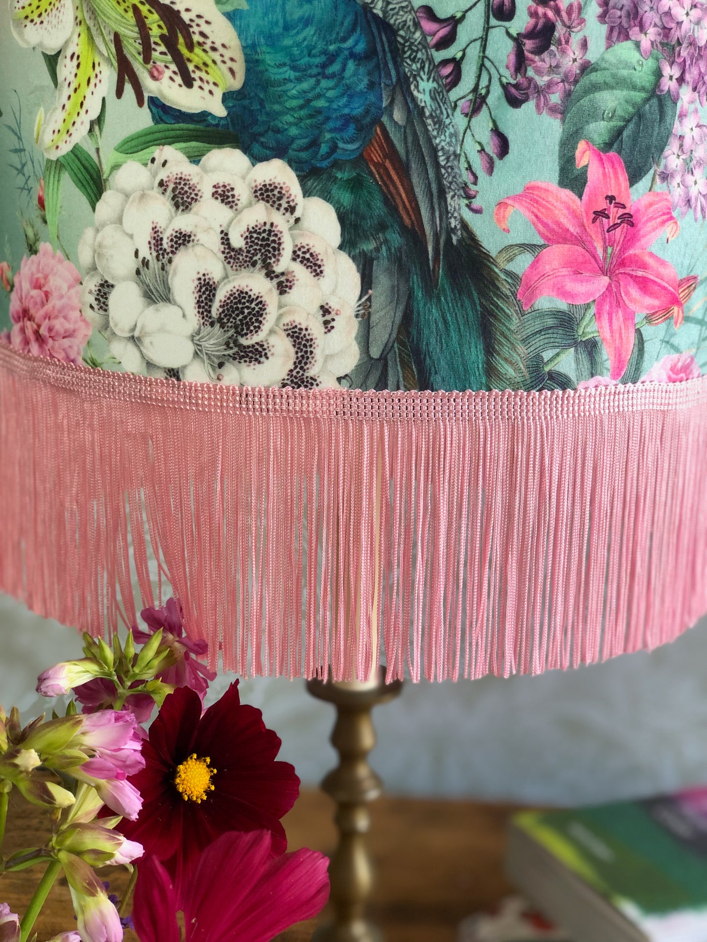 Handmade Velvet Lampshade: Peacock Blossom, Mirror Gold Lining. Optional Fringe