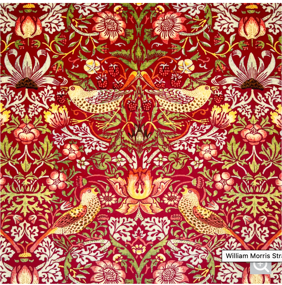 Wiliam Morris Red Velvet Throw Blanket with Gold Fringe: Strawberry Thief Design