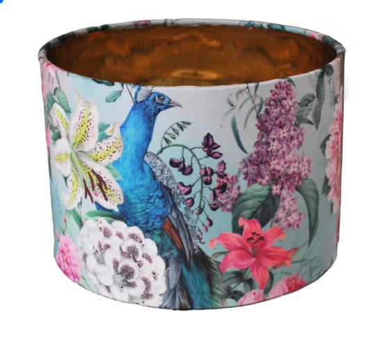 Handmade Velvet Lampshade: Peacock Blossom, Mirror Gold Lining. Optional Fringe