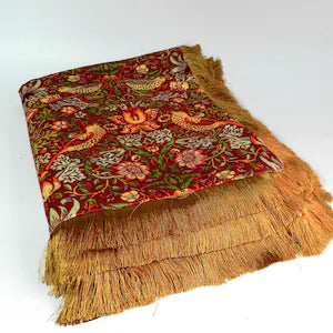 Wiliam Morris Red Velvet Throw Blanket with Gold Fringe: Strawberry Thief Design