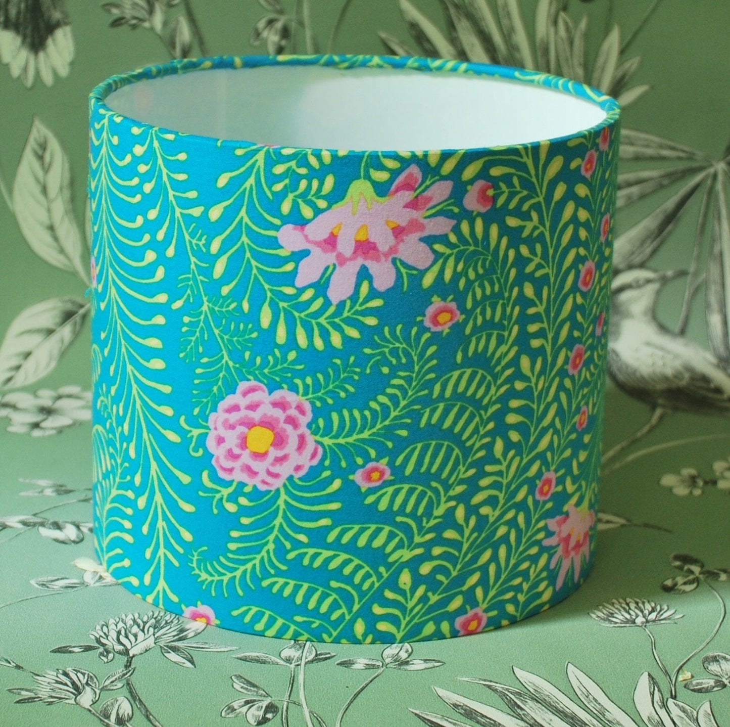 Handmade  Floral Lampshade Green and Pink Flowers on Turquoise