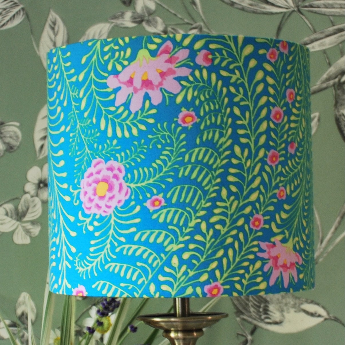 Handmade  Floral Lampshade Green and Pink Flowers on Turquoise