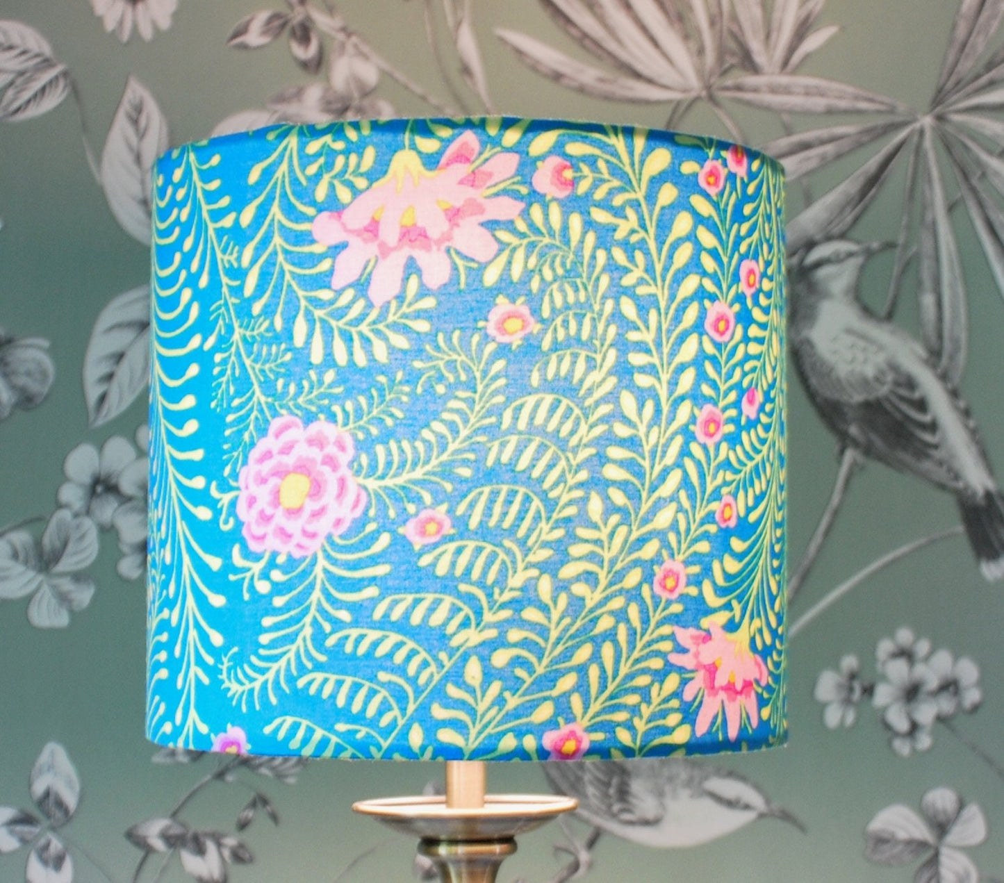 Handmade  Floral Lampshade Green and Pink Flowers on Turquoise