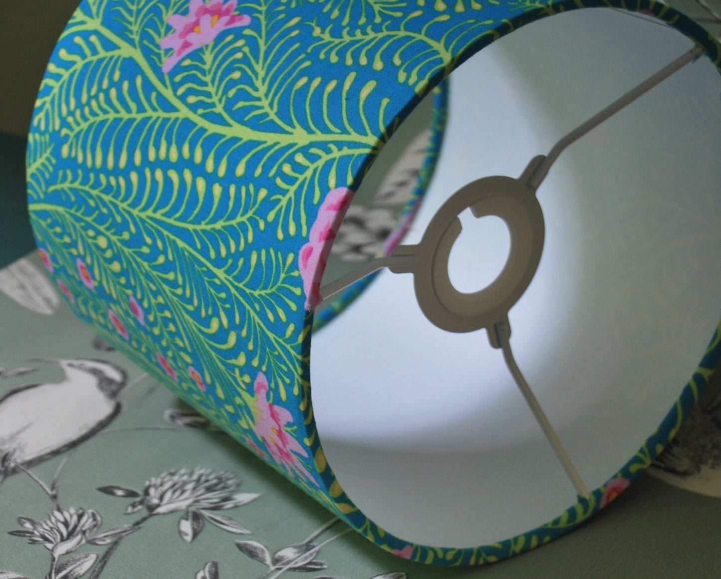 Handmade  Floral Lampshade Green and Pink Flowers on Turquoise