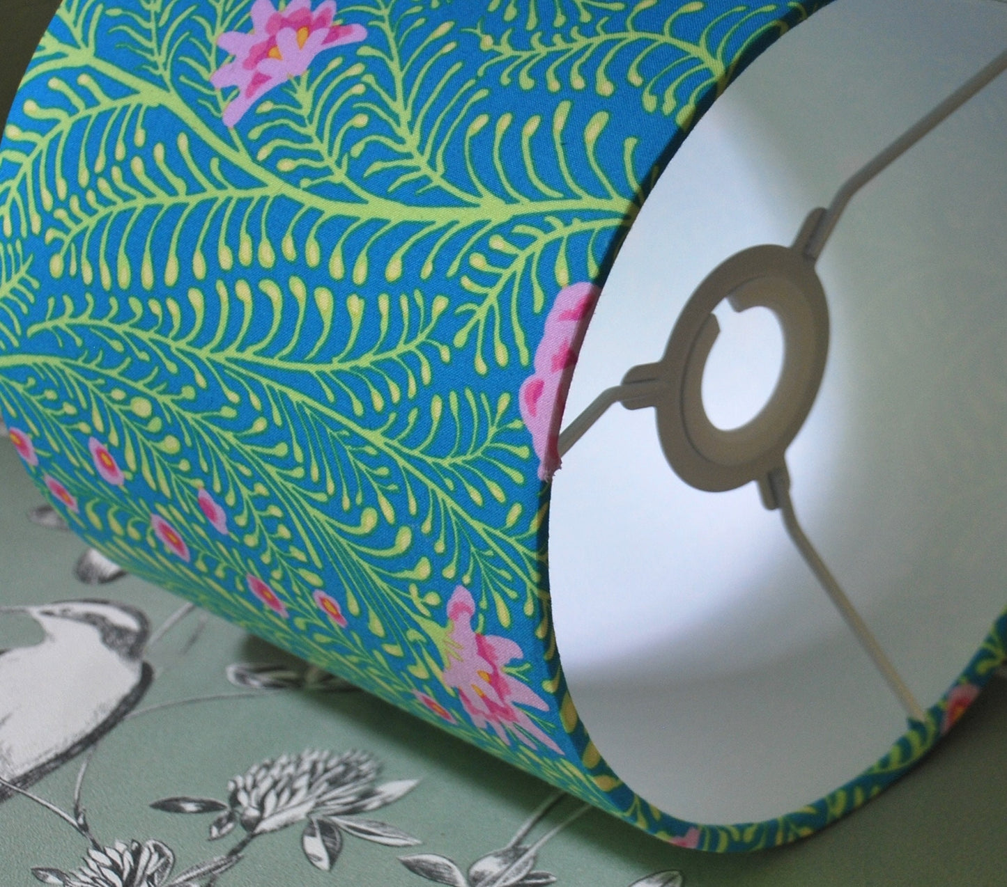 Handmade  Floral Lampshade Green and Pink Flowers on Turquoise