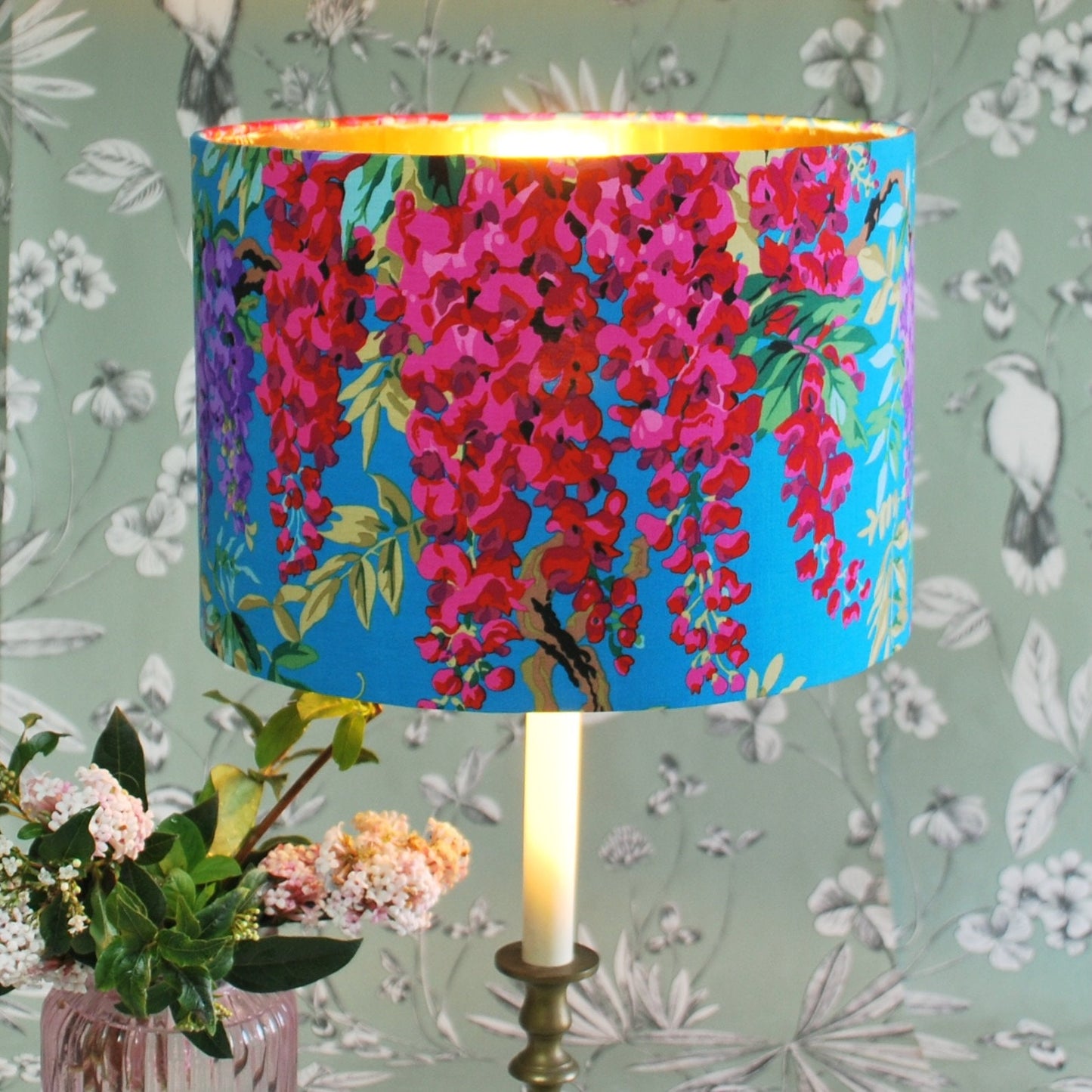 Handmade Floral Lampshade, Wisteria Flowers on Blue