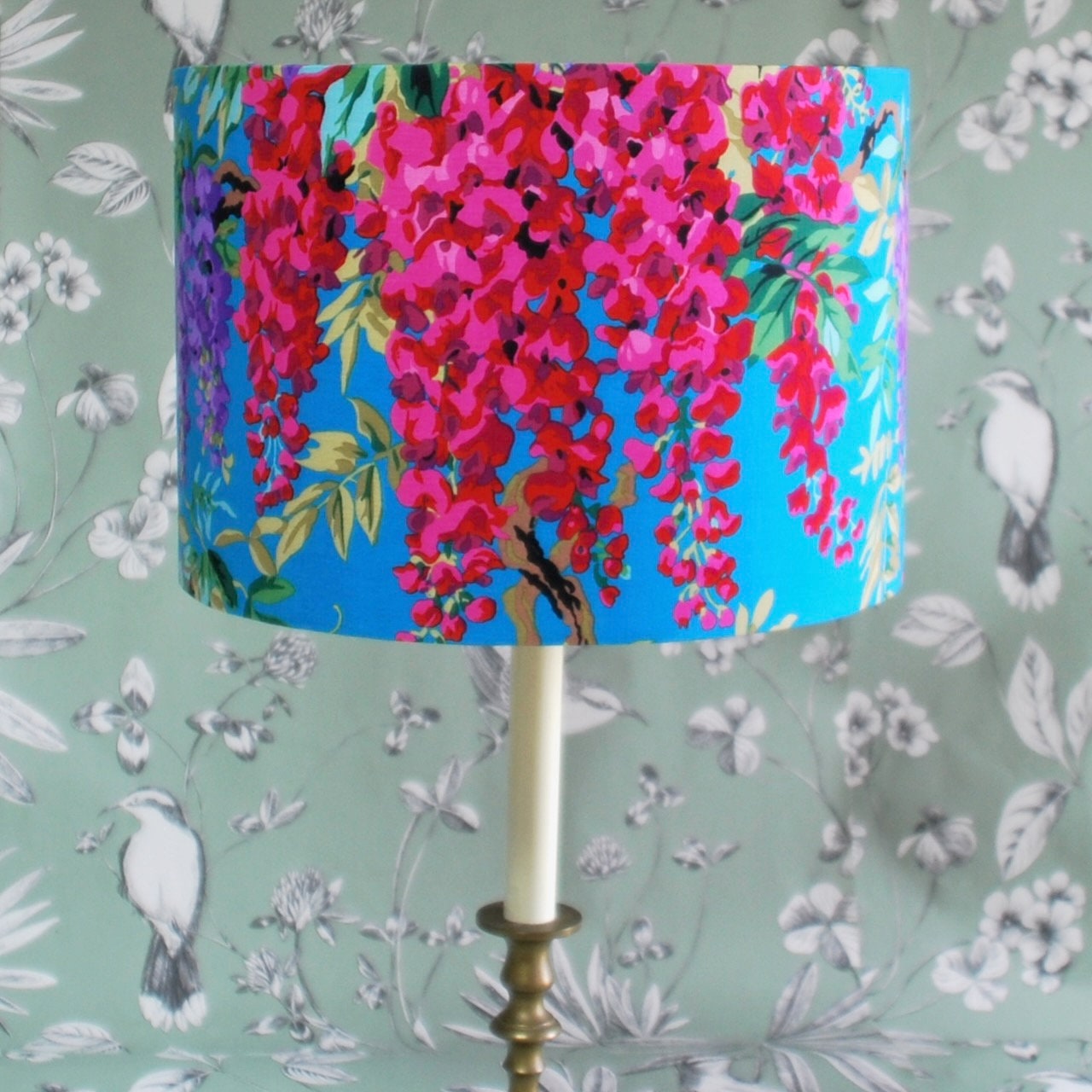 Handmade Floral Lampshade, Wisteria Flowers on Blue